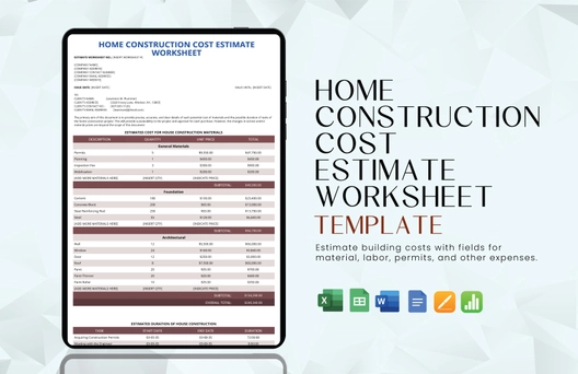 Home Construction Cost Estimate Worksheet Template