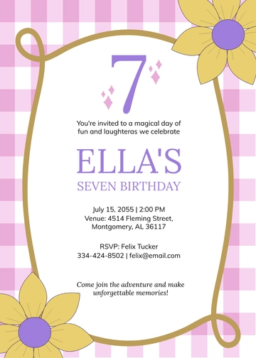 Free 7th Birthday Purple Invitation Template to Edit Online
