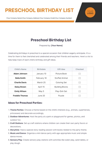 Free Preschool Birthday List Template to Edit Online