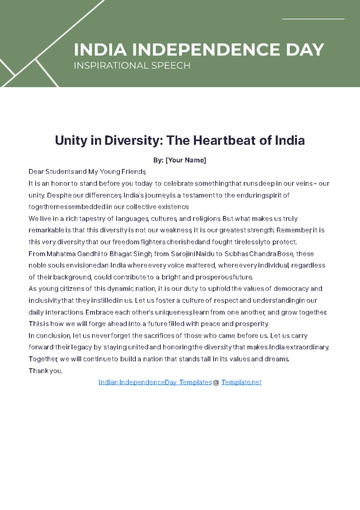 Free India Independence Day Inspirational Speech Template to Edit Online