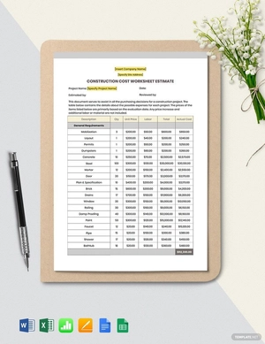 Construction Cost Estimate Worksheet Template