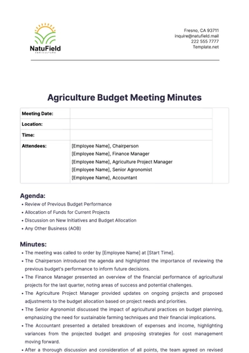 Free Agriculture Budget Meeting Minutes Template to Edit Online