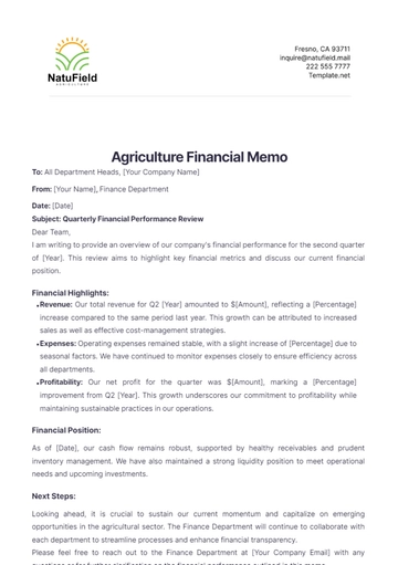 Free Agriculture Financial Memo Template to Edit Online