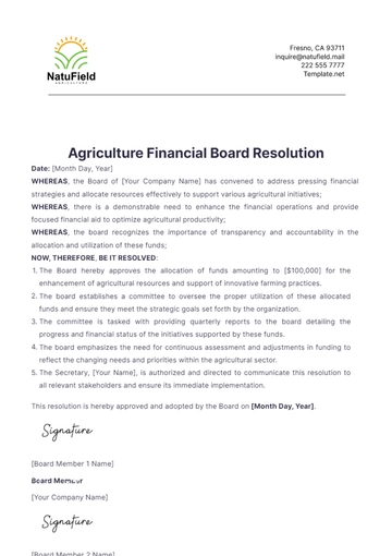 Free Agriculture Financial Board Resolution Template to Edit Online