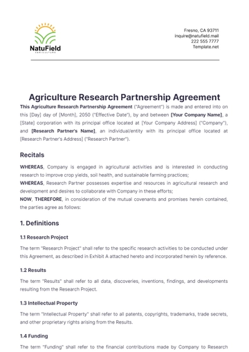 Free Agriculture Research Partnership Agreement Template to Edit Online