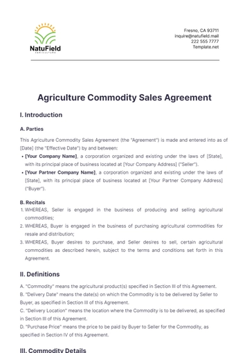 Free Agriculture Commodity Sales Agreement Template to Edit Online