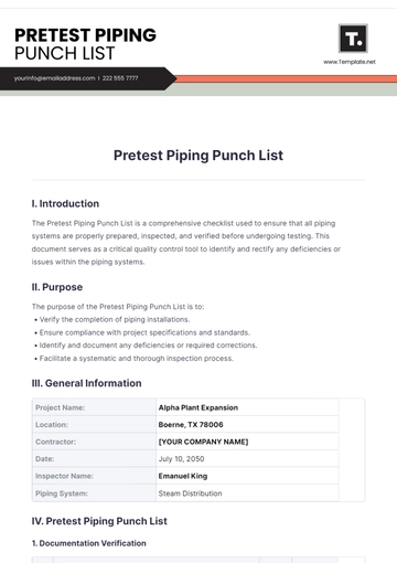 Free Pretest Piping Punch List Template to Edit Online