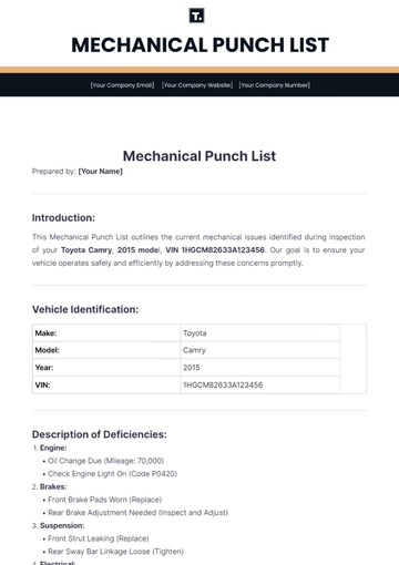 Free Mechanical Punch List Template to Edit Online