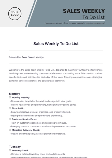 Free Sales Weekly To Do List Template to Edit Online