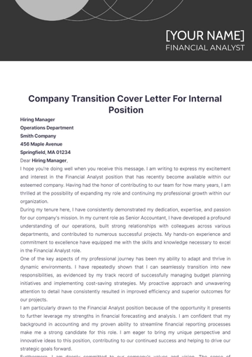 Free Company Transition Cover Letter For Internal Position to Edit Online