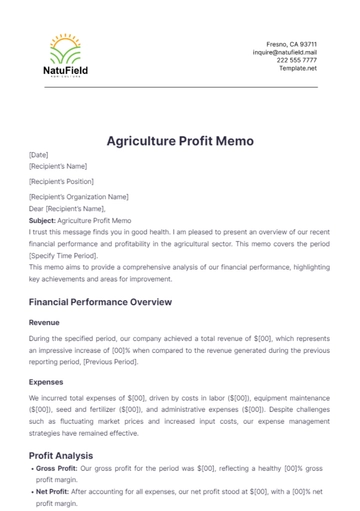 Free Agriculture Profit Memo Template to Edit Online