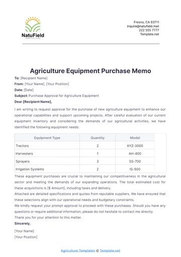 Free Agriculture Equipment Purchase Memo Template to Edit Online
