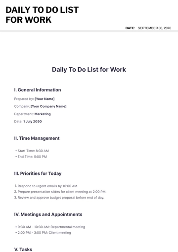 Free Daily To Do List Template for Work to Edit Online
