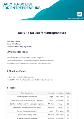 Free Daily To Do List Template for Entrepreneurs to Edit Online
