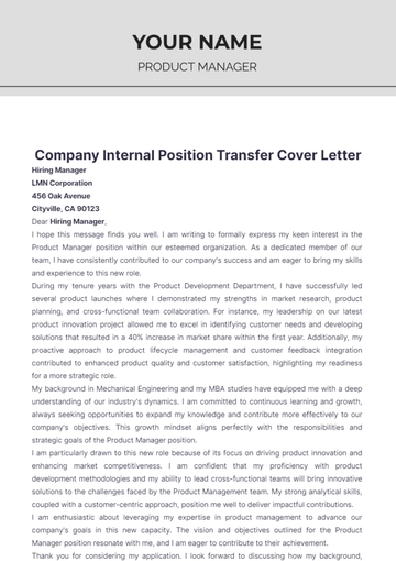 Free Company Internal Position Transfer Cover Letter to Edit Online
