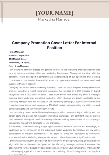 Free Company Promotion Cover Letter For Internal Position to Edit Online