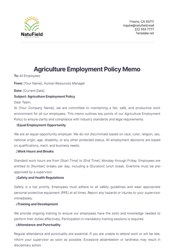 Free Agriculture Employment Policy Memo Template to Edit Online