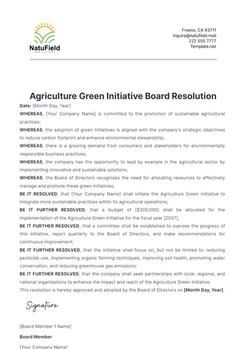 Free Agriculture Green Initiative Board Resolution Template to Edit Online