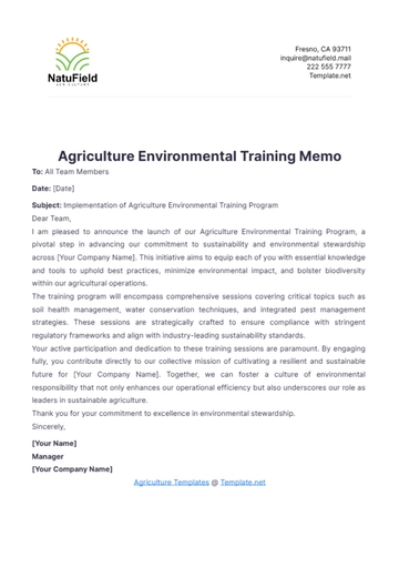 Free Agriculture Environmental Training Memo Template to Edit Online