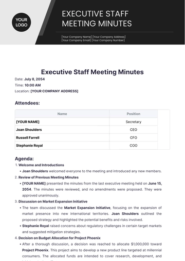 Free Executive Staff Meeting Minutes Template to Edit Online