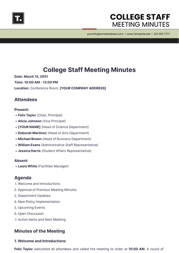 Free College Staff Meeting Minutes Template to Edit Online