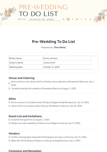 Free Pre-Wedding To Do List Template to Edit Online