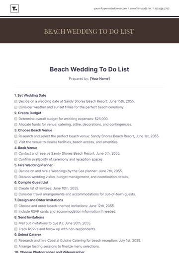 Free Beach Wedding To Do List Template to Edit Online