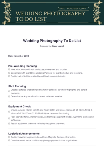 Free Wedding Photography To Do List Template to Edit Online