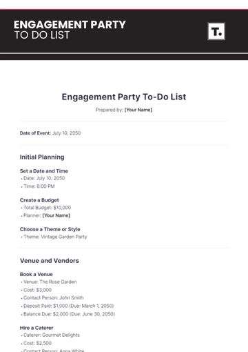 Free Engagement Party To Do List Template to Edit Online
