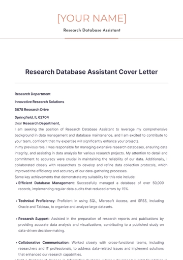 Free Research Database Assistant Cover Letter to Edit Online