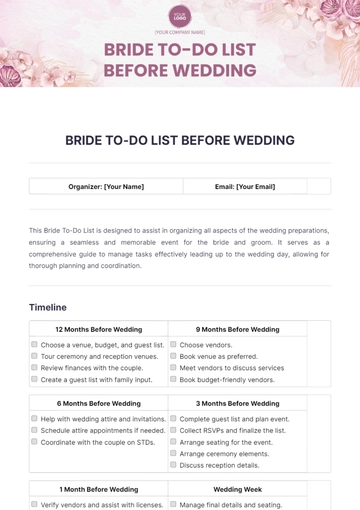 Free Bride To Do List Before Wedding Template to Edit Online