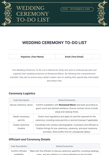 Free Wedding Ceremony To Do List Template to Edit Online