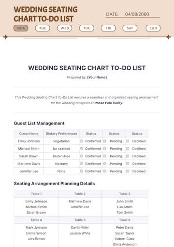 Free Wedding Seating Chart To Do List Template to Edit Online