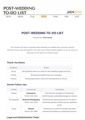 Free Post-Wedding To Do List Template to Edit Online
