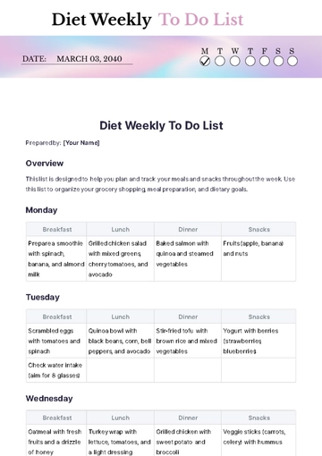 Free Diet Weekly To Do List Template to Edit Online