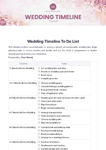 Free Wedding Timeline To Do List Template to Edit Online