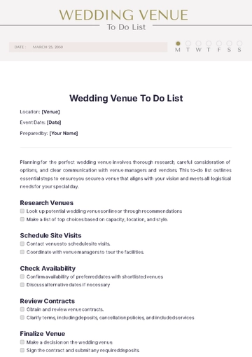 Free Wedding Venue To Do List Template to Edit Online