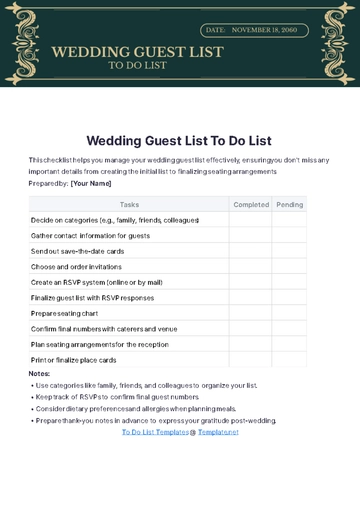 Free Wedding Guest List To Do List Template to Edit Online