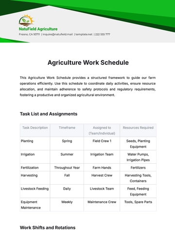 Free Agriculture Work Schedule Template to Edit Online