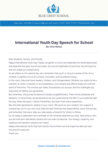 Free International Youth Day Speech for School Template to Edit Online