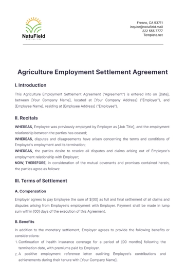Free Agriculture Employment Settlement Agreement Template to Edit Online