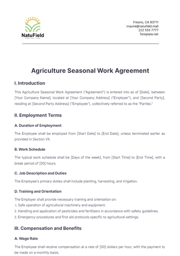Free Agriculture Seasonal Work Agreement Template to Edit Online