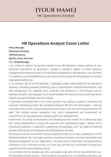 Free HR Operations Analyst Cover Letter to Edit Online