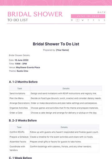 Free Bridal Shower To Do List Template to Edit Online