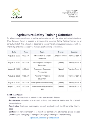 Free Agriculture Safety Training Schedule Template to Edit Online