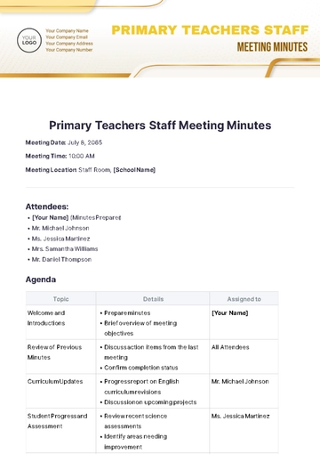 Free Primary Teachers Staff Meeting Minutes Template to Edit Online