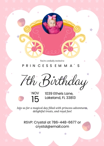 Free Princess 7th Birthday Invitation Template to Edit Online