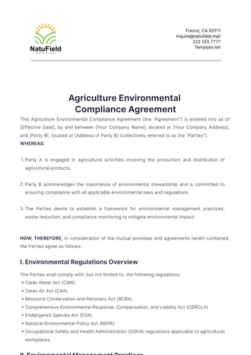 Free Agriculture Environmental Compliance Agreement Template to Edit Online