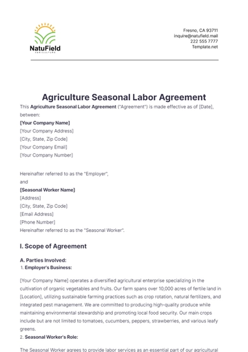 Free Agriculture Seasonal Labor Agreement Template to Edit Online