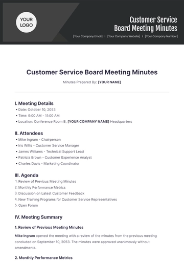 Free Customer Service Board Meeting Minutes Template to Edit Online